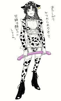1girl absurdres animal_ears animal_print apron bikini blush boots breasts commentary_request cow_ears cow_print cow_print_bikini cow_print_thighhighs dildo ear_tag full_body highres long_hair maid_headdress mattsuu mole original print_bikini print_thighhighs sex_toy simple_background small_breasts solo spot_color sweatdrop swimsuit thighhighs translation_request white_background