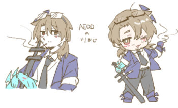 Rule 34 | 1boy, absurdres, aedd (e.g.o), ahoge, alternate costume, beard stubble, belt, black-framed eyewear, black-framed glasses, black necktie, black pants, blue boots, blue coat, blue horns, blush, boots, brown eyes, brown hair, bug, bug arm, character name, chibi, chibi only, cigarette, closed mouth, coat, collared shirt, cropped torso, dress shirt, e.g.o (project moon), eyewear on head, facial hair, formal clothes, from side, full body, glasses, glasses on head, gregor (project moon), hair between eyes, hair intakes, half-closed eyes, hand up, happy, highres, holding, holding cigarette, holding sword, holding weapon, horns, lapels, lily26983455, limbus company, long hair, long sleeves, looking at viewer, looking to the side, low ponytail, male focus, mouth hold, multiple views, necktie, official alternate costume, one eye closed, open clothes, open coat, open mouth, pants, parted bangs, parted lips, ponytail, project moon, rectangular eyewear, red eyes, semi-rimless eyewear, shirt, shirt tucked in, shock centipede (project moon), sideways glance, simple background, sleeves rolled up, smile, smoke, smoking, solo, standing, stubble, suit, sword, under-rim eyewear, upper body, weapon, white background, white shirt