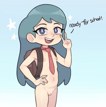 1girl backpack bag blue_background blue_eyes blue_hair cleft_of_venus cowboy_shot english_text female_focus flat_chest hand_on_own_hip hilda_(hilda) hilda_(series) large_nipples loli long_hair navel necktie nipples nude open_mouth pussy red_necktie smile solo standing star_(symbol) teeth thighs uncensored upper_teeth_only v very_long_hair yep_melon