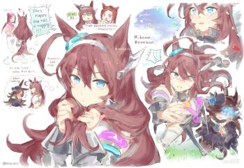 3girls ahoge animal_ears bare_shoulders black_thighhighs blue_eyes blue_flower blue_hat breasts closed_mouth commentary confetti crying detached_sleeves dress english_commentary english_text eye_trail flipped_hair flower flower_in_eye fur_choker grey_hairband grey_leotard grey_skirt grey_sleeves hair_between_eyes hair_over_one_eye hairband hat hat_flower highres hiru315 horse_ears horse_girl horse_tail leotard light_trail long_hair long_sleeves looking_at_viewer lowleg lowleg_skirt mihono_bourbon_(mb-19890425)_(umamusume) mihono_bourbon_(umamusume) multiple_girls necktie off-shoulder_dress off_shoulder open_mouth pink_necktie ponytail purple_eyes rice_shower_(rosy_dreams)_(umamusume) rice_shower_(umamusume) rose running sakura_bakushin_o_(umamusume) silver_hairband skirt smile speech_bubble sweat symbol_in_eye tail tail_wagging tears thighhighs thought_bubble tilted_headwear umamusume white_leotard white_thighhighs