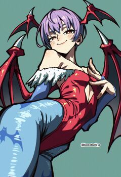1girl absurdres animal_print bare_shoulders bat_print blue_pantyhose blush clothing_cutout cowboy_shot cutout_above_navel darkstalkers demon_girl demon_wings flat_chest green_background head_wings highres komatsuki_n leotard lilith_(darkstalkers) multiple_wings pantyhose print_pantyhose purple_hair red_eyes red_leotard red_wings short_hair simple_background smile solo twitter_username wings