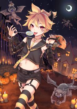 Rule 34 | 1boy, absurdres, aroeruji3, basket, bass clef, belt, black belt, black nails, black shorts, blonde hair, body markings, candle, candy, chocolate, chocolate bar, commentary request, crescent moon, detached sleeves, earrings, facial mark, fence, food, gargoyle, halloween, halloween bucket, halloween costume, happy halloween, highres, holding, holding basket, holding candy, holding food, holding lollipop, horns, house, jack-o'-lantern, jewelry, kagamine len, lollipop, male focus, midriff, moon, navel, night, pumpkin, red eyes, ring, sailor collar, short shorts, shorts, sky, solo, spiked hair, star (sky), starry sky, striped clothes, striped thighhighs, thighhighs, tongue, tongue out, vocaloid