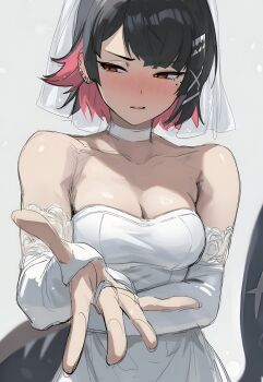1girl absurdres ai-assisted bare_shoulders black_hair blunt_bangs breasts bridal_gauntlets bridal_veil choker cleavage colored_inner_hair commentary_request crossed_arms dress ear_piercing ellen_joe embarrassed hare_zzv highres light_blush light_particles medium_breasts medium_hair multicolored_hair piercing pink_hair reaching reaching_towards_viewer solo veil wedding_dress white_background white_choker zenless_zone_zero