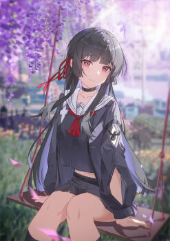 1girl absurdres arm_cutout black_choker black_hair black_serafuku black_shirt black_skirt breasts candy_shunya chisa_(wuthering_waves) choker clothing_cutout collarbone commentary highres long_hair long_sleeves looking_at_viewer medium_breasts red_eyes sailor_collar school_uniform serafuku shirt sitting skirt solo white_sailor_collar wuthering_waves