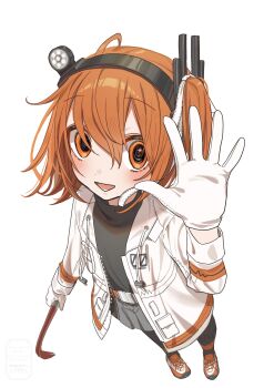 Rule 34 | 1girl, a.i. voice, absurdres, adachi rei, belt, black pantyhose, black shirt, blush, buckle, coat, commentary request, crowbar, flat chest, from above, gloves, grey skirt, hair between eyes, hair ribbon, hairband, hand up, headlamp, highres, holding, holding crowbar, long sleeves, looking at viewer, mikazuki123457, open clothes, open coat, open mouth, orange eyes, orange hair, pantyhose, perspective, ribbon, shirt, shoes, short hair, skirt, snap-fit buckle, sneakers, solo, standing, turtleneck, utau, waving, white coat, white gloves