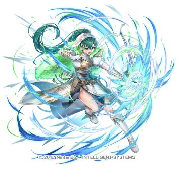 Rule 34 | 1girl, armor, arrow (projectile), attack, blush, boots, bow (weapon), breasts, cape, commentary request, drawing bow, dress, earrings, fighting stance, fire emblem, fire emblem: the blazing blade, fire emblem heroes, fur-trimmed cape, fur cape, fur trim, gloves, green eyes, green hair, high ponytail, holding, holding bow (weapon), holding weapon, jewelry, long hair, looking at viewer, lyn (fire emblem), lyn (lady of the wind) (resplendent) (fire emblem), medium breasts, nintendo, official alternate costume, official art, open mouth, ponytail, quiver, scabbard, sheath, side slit, solo, sword, thighs, tsugutoku, weapon, white boots, white dress, white gloves