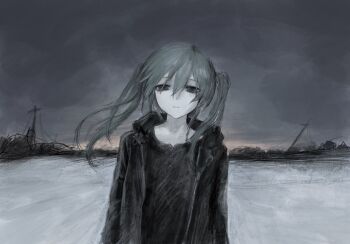 1girl aqua_hair bad_link black_jacket black_shirt blue_hair empty_eyes grey_sky hatsune_miku highres jacket pale_skin shirt sky snow vocaloid winter xiaozuansuki