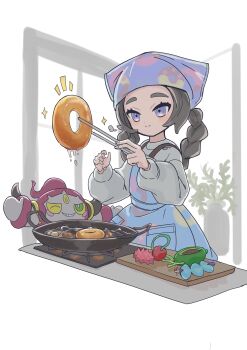 1girl absurdres ansha_(pokemon) berry_(pokemon) brown_hair cheri_berry closed_mouth colbur_berry commentary donut food frying_pan gen_6_pokemon highres holding holding_donut holding_food hoopa hoopa_(confined) kebia_berry kelpsy_berry legendary_pokemon long_sleeves mosuroshyu mythical_pokemon nintendo pokemon pokemon_(creature) pokemon_legends:_z-a puffy_sleeves purple_eyes smile