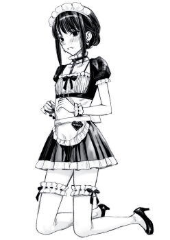 1girl apron blood_alone commentary_request crop_top flat_chest full_body greyscale high_heels highres kneeling long_hair looking_at_viewer maid maid_headdress misaki_minato monochrome sidelocks simple_background skirt solo takano_masayuki thighhighs