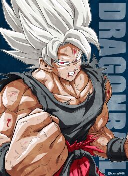 1boy absurdres battle_damage blue_sash blue_shirt blue_wrist_cuffs clenched_hands clenched_teeth commentary_request copyright_name dragon_ball dragonball_z grey_hair highres horang4628 korean_commentary male_focus medium_hair muscular muscular_male official_alternate_eye_color official_alternate_hair_color orange_pants pants parted_lips red_eyes sash shirt solo son_goku spiked_hair super_saiyan super_saiyan_1 teeth torn_clothes torn_shirt upper_body wrist_cuffs