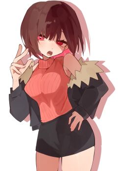 1girl :o bare_shoulders black_jacket black_skirt bob_cut breasts brown_hair chara_(swapfell) chara_(undertale) colored_inner_hair commentary cowboy_shot drop_shadow egg_drop_sandwich english_commentary fur-trimmed_jacket fur_trim genderswap genderswap_(otf) hand_on_own_hip hand_up head_tilt highres jacket large_breasts light_blush lom_(lom0612) long_sleeves looking_at_viewer miniskirt multicolored_hair off_shoulder open_mouth partially_shaded_face pencil_skirt pleated_skirt red_eyes red_hair ribbed_sweater short_hair simple_background skirt sleeveless sleeveless_sweater sleeveless_turtleneck solo standing swapfell sweater teeth turtleneck turtleneck_sweater two-tone_hair undertale upper_teeth_only utdr_(toby_fox) white_background