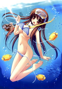 1girl absurdres ahoge barefoot bikini blush breasts brown_hair bubble clothing_aside diving_mask feet female_focus fish freediving goggles highres ichinose_yuuka inugahora_an large_breasts long_hair navel open_mouth red_eyes shells side-tie_bikini_bottom snorkel solo striped_bikini striped_clothes swimsuit swimsuit_aside tsunagaru_bangle underboob underwater wardrobe_malfunction water