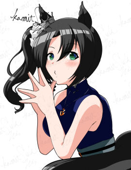 Rule 34 | 1girl, animal ears, black hair, ear through crown, ears through headwear, green eyes, hair between eyes, horse ears, horse girl, horse tail, jewelry, kamitsuki shion, long hair, multicolored hair, necklace, no coat, satono crown (casual) (umamusume), satono crown (umamusume), side ponytail, signature, sleeveless, sleeveless sweater, solo, streaked hair, sweater, tail, umamusume, white hair