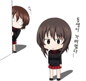 2girls aikir_(jml5160) akaboshi_koume ankle_boots boots brown_eyes brown_hair chibi chibi_only closed_mouth commentary_request full_body girls_und_panzer jacket korean_commentary korean_text kuromorimine_military_uniform looking_at_viewer military military_jacket military_uniform miniskirt multiple_girls nishizumi_maho no_headwear open_mouth pleated_skirt short_hair simple_background skirt white_background