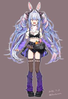 animal_ear_fluff animal_ears bad_tag ear_piercing gluteal_fold helmet highres long_hair navel open_mouth piercing rabbit_ears scarf