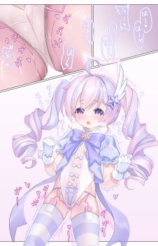 1girl :o absurdres ahoge artist_name blue_archive blush bow clenched_hands commentary_request drill_hair egg_vibrator feather_hair_ornament feathers feet_out_of_frame gloves gluteal_fold gradient_background groin hair_between_eyes hair_ornament halo highleg highleg_leotard highres leotard long_hair looking_at_viewer magical_girl motion_lines multicolored_hair multiple_views open_mouth panties puffy_sleeves purple_bow purple_eyes purple_hair pussy pussy_juice reisa_(blue_archive) reisa_(magical)_(blue_archive) sash see-through_clothes see-through_leotard sex_toy shaking short_sleeves side-tie_panties skindentation smile solo star_(symbol) star_hair_ornament star_halo streaked_hair striped_clothes striped_thighhighs thighhighs thighs twintails two-tone_hair underwear vibrator vibrator_in_thighhighs white_gloves white_hair white_leotard wrist_cuffs ya_chuifeng_lai