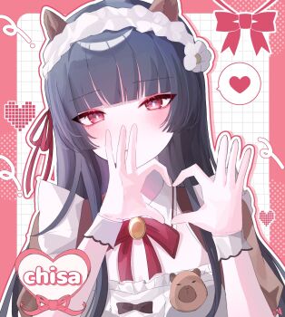 Rule 34 | 1girl, animal ears, black hair, blush, border, capybara ears, character name, chisa (wuthering waves), commentary, fake animal ears, four-finger heart hands, hair ribbon, hands up, heart, heart hands, highres, long hair, looking at viewer, maid headdress, mole, mole under eye, official alternate costume, parted lips, portrait, red border, red eyes, red ribbon, revision, ribbon, solo, soyogi nrso, spoken heart, wuthering waves