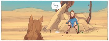 Rule 34 | 1girl, bird, blue poncho, brown pants, brown sandals, brown tank top, cat, commentary, desert, english commentary, english text, greekceltic, jacky (greekceltic), medium hair, orange hair, orange poncho, original, pants, poncho, ponytail, rock, sand dune, sandals, scarf, sky, speech bubble, tail, tank top, tree