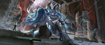 6+girls absurdres animal_ears arknights artist_name back bang_dream! bang_dream!_it&#039;s_mygo!!!!! black_dress black_gloves black_ribbon black_shoes blue_hair blue_serafuku broken_pillar building chain chained commentary_request copyright_name curtains demon_tail doll dress dual_persona face-to-face gloves green_serafuku hair_ribbon highres holding holding_sword holding_weapon horns instrument kneeling mary_janes misumi_uika misumi_uika_(caged_singer) multiple_girls nagasaki_soyo partial_commentary piano puffy_sleeves puppet_strings rabbit_ears ribbon school_uniform serafuku shirt shoes short_sleeves single_glove socks spotlight stab stage stairs stuffed_animal stuffed_rabbit stuffed_toy sword tail takamatsu_tomori togawa_sakiko togawa_sakiko_(master_of_melodia) tsukinomori_school_uniform wakaba_mutsumi wakaba_mutsumi_(marionette&#039;s_id) weapon white_shirt white_socks yellow_eyes z_05