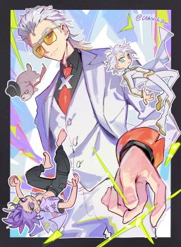 4boys absurdres ahu_(to_be_hero_x) artist_name cape dog dragon_boy_(to_be_hero_x) fedora formal_clothes hair_slicked_back hat hawaiian_shirt highres mohawk mullet multiple_boys necktie nice_(to_be_hero_x) red_necktie shirt snapping_fingers suit tinted_eyewear to_be_hero to_be_hero_x ushinoki vest white_cape white_hair white_suit white_vest x_(to_be_hero_x) x_ornament yellow-tinted_eyewear