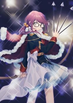 1girl absurdres arrow_(projectile) bell black-framed_eyewear black_shirt bow bow_(weapon) closed_mouth commentary_request dated epaulettes eyelashes fox_(770205490) fur-trimmed_jacket fur_trim glasses hair_bell hair_ornament happy_birthday highres holding holding_arrow holding_bow_(weapon) holding_weapon hoshimi_junna jacket jacket_on_shoulders lens_flare long_sleeves looking_back medium_hair purple_hair rectangular_eyewear red_jacket shirt shoujo_kageki_revue_starlight skirt solo weapon white_bow white_skirt
