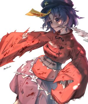 Rule 34 | 1girl, absurdres, ametonalu, black hat, black ribbon, blood, blood on clothes, blood on face, breasts, chinese clothes, cleavage, commentary request, gohei, hat, hat ornament, highres, jiangshi, medium breasts, miyako yoshika, mouth hold, neck ribbon, ofuda, ofuda on head, outstretched arms, purple eyes, purple hair, purple skirt, red shirt, ribbon, shide, shirt, short hair, signature, simple background, skirt, solo, star (symbol), star hat ornament, tangzhuang, torn clothes, torn shirt, touhou, white background, zombie, zombie pose