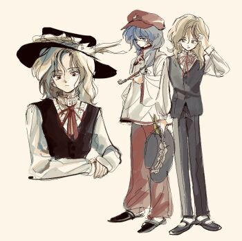 1990s_(style) 2boys 6osquet black_hat black_pants black_shoes black_vest blonde_hair blue_eyes blue_hair chinese_clothes closed_mouth commentary dolls_in_pseudo_paradise dress_shirt expressionless feathers frilled_hat frilled_shirt_collar frills full_body genderswap genderswap_(ftm) hair_between_eyes hand_in_own_hair hat hat_feather head_tilt high_collar holding holding_unworn_clothes holding_unworn_hat jacket_girl_(dipp) label_girl_(dipp) loafers long_hair long_sleeves looking_at_another looking_at_viewer looking_to_the_side male_focus mandarin_collar medium_hair multiple_boys multiple_views neck_ribbon newsboy_cap orange_background pants ponytail red_eyes red_hat red_pants red_ribbon red_trim retro_artstyle ribbon shirt shoes short_ponytail side_ponytail slippers slit_pupils smile socks symbol-only_commentary touhou unworn_hat unworn_headwear upper_body vest waistcoat wavy_hair white_feathers white_shirt white_socks yellow_eyes