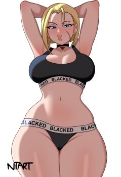 1girl arms_behind_head arms_up black_choker black_panties black_sports_bra blacked_(phrase) blacked_female blonde_hair blue_eyes bob_cut breasts cameltoe cammy_white choker cleavage commentary cowboy_shot curvy english_commentary forehead highres large_breasts looking_at_viewer naughty_taboos navel panties race_fetishism scar scar_on_face short_hair simple_background solo sports_bra stomach street_fighter street_fighter_6 thick_lips thighs underwear white_background wide_hips