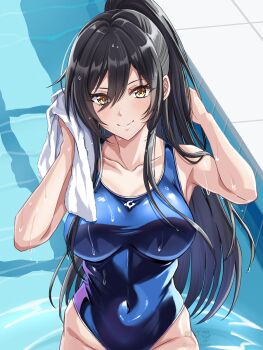 Rule 34 | black hair, blue one-piece swimsuit, breasts, commentary request, competition swimsuit, covered navel, hair between eyes, highres, idolmaster, idolmaster shiny colors, idolmaster shiny colors song for prism, long hair, medium breasts, one-piece swimsuit, ponytail, shirase sakuya, swimsuit, tsukiyuki mike, water, yellow eyes