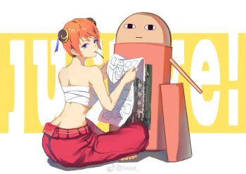 1girl :| ass back bare_shoulders barefoot blue_eyes blueprint_(object) bun_cover butt_crack closed_mouth double_bun female_focus from_behind gintama hair_bun hands_up highres iwse_zhang kagura_(gintama) looking_at_viewer looking_back mouth_hold orange_hair pants red_pants robot sarashi short_hair sidelocks sitting swept_bangs text_background watermark weibo_username weibo_watermark yellow_background