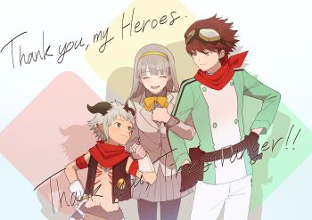 1girl 2boys :d absurdres aegiomon animal_ears black_vest body_markings brown_eyes brown_hair chest_jewel closed_eyes closed_mouth commentary copyright_name cowboy_shot digimon digimon_(creature) digimon_story:_time_stranger english_text facial_mark goat_boy green_jacket grey_hair grey_jacket grey_skirt group_picture happy highres horns jacket limit_deji long_hair looking_at_another miniskirt misono_inori multiple_boys no_shirt open_mouth pants pleated_skirt pointy_ears red_jacket short_hair skirt smile thank_you vest white_pants yellow_eyes yuu_(pixiv3042074) yuuki_dan