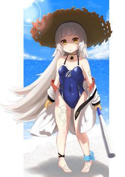 1girl :o absurdres azur_lane bare_shoulders baseball_bat beach blue_one-piece_swimsuit blue_sky blush brown_eyes brown_gloves casual_one-piece_swimsuit cloud collarbone commentary_request covered_navel cross day female_focus gloves hat headpiece highres holding holding_baseball_bat holding_bat horizon iron_cross jacket long_hair long_sleeves looking_at_viewer mogamiya_yuu mole mole_under_eye ocean off_shoulder one-piece_swimsuit parted_lips pigeon-toed sand silver_hair sky solo standing straw_hat swimsuit toenails very_long_hair water white_jacket z46_(azur_lane) z46_(her_first_summer)_(azur_lane)
