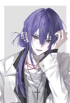 1boy absurdres artist_name artist_request black_jacket chinese_commentary choker claw_hair_clip commentary_request commission cross cross_necklace grey_shirt hair_between_eyes hair_intakes hair_ornament hair_over_shoulder hairclip hand_on_own_head hand_up highres jacket jewelry layered_clothes long_hair male_focus mole mole_under_each_eye mole_under_eye multiple_moles necklace open_mouth original purple_eyes purple_hair second-party_source shirt sidelocks solo torn_clothes torn_shirt upper_body white_choker white_jacket