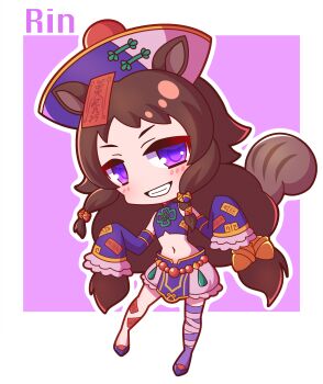 Rule 34 | 1girl, absurdres, animal ears, bandaged leg, bandages, bare shoulders, brown hair, character name, chibi, commentary request, crop top, detached sleeves, full body, grin, hat, highres, long hair, long sleeves, looking at viewer, navel, ofuda, outline, pink background, pink skirt, princess connect!, purple eyes, purple hat, purple shirt, purple shoes, purple sleeves, purple thighhighs, qingdai guanmao, rin (halloween) (princess connect!), rin (princess connect!), saishosaisekojo, shirt, shoes, simple background, single thighhigh, skirt, sleeves past fingers, sleeves past wrists, smile, solo, squirrel ears, squirrel girl, squirrel tail, standing, tail, thighhighs, very long hair, white outline