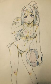 10s 1girl :o ball beachball bikini blue_hair blush bracelet breasts cleavage collarbone color_trace front-tie_bikini_top front-tie_top graphite_(medium) highres jewelry kotokoto_(jumon) long_hair looking_at_viewer love_live! love_live!_sunshine!! matsuura_kanan medium_breasts open_mouth ponytail side-tie_bikini_bottom solo swimsuit traditional_media underboob