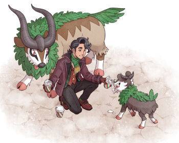Rule 34 | 1boy, black hair, brown footwear, cappuccino, cup, disposable cup, effie lealand, gen 6 pokemon, goat horns, gogoat, green scarf, horns, kneeling, looking at another, male focus, nintendo, official alternate costume, pokemon, pokemon (creature), pokemon masters ex, professor sycamore, professor sycamore (holiday 2023), red eyes, scarf, skiddo, smile