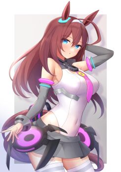 1girl ahoge animal_ears arm_up bare_shoulders blue_eyes breasts brown_hair commentary_request covered_navel cowboy_shot detached_sleeves expressionless grey_hairband grey_skirt hair_between_eyes hairband highres horse_ears horse_girl horse_tail kirifrog leotard long_hair looking_at_viewer mihono_bourbon_(mb-19890425)_(umamusume) mihono_bourbon_(umamusume) necktie parted_lips pink_necktie skirt solo tail thighhighs umamusume white_leotard white_thighhighs