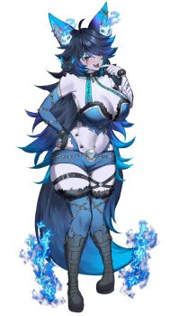 1girl ahoge animal_ears arm_tattoo blue_eyes blue_fire blue_hair blue_nails boots breasts chain cleavage collar commentary curvy english_commentary fiery_ears fire flaming_ears highres hip_tattoo indie_virtual_youtuber large_breasts long_hair navel open_mouth paw_print paw_tattoo piercing scar scar_across_eye scar_on_face shorts skull_tattoo spite_(vtuber) tail tattoo thighhighs thighs virtual_youtuber wann! white_background wolf_ears wolf_girl wolf_tail