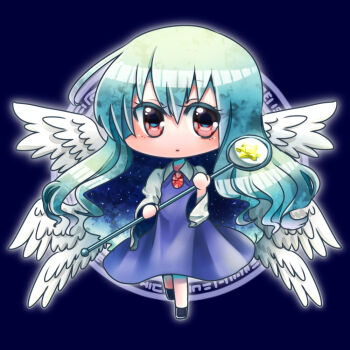 Rule 34 | 1girl, black shoes, blue background, blue dress, chibi, closed mouth, collared shirt, commentary request, dress, feathered wings, full body, gem, genderswap, genderswap (otf), green hair, hand up, holding, holding scepter, long hair, long sleeves, looking at viewer, magic circle, multiple wings, nanai07, outer glow, red eyes, red gem, sariel (touhou), scepter, shirt, shoes, simple background, solo, touhou, touhou (pc-98), very long hair, white shirt, white wings, wide sleeves, wings