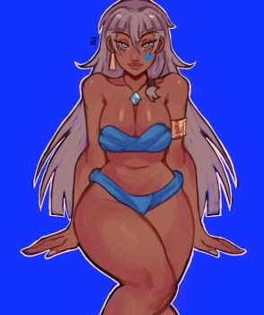 1girl absurdres armlet atlantis:_the_lost_empire bandeau blue_background blue_bandeau blue_eyes blue_panties breasts closed_mouth commentary cowboy_shot dark-skinned_female dark_skin english_commentary facial_tattoo gold_armlet grey_hair hair_between_eyes highres jewelry kidagakash large_breasts lips long_hair looking_at_viewer necklace panties simple_background smile solo tattoo thighs underwear widisu