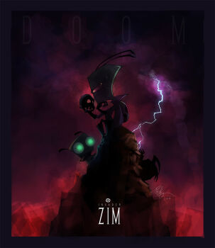 ahoge alien antennae backpack bag character_name cloud copyright_name dated dib_(invader_zim) gir_(invader_zim) gir_(robot)_(invader_zim) green_eyes holding holding_skull invader_zim lightning phil_dragash pink_eyes signature silhouette skull zim_(invader_zim)