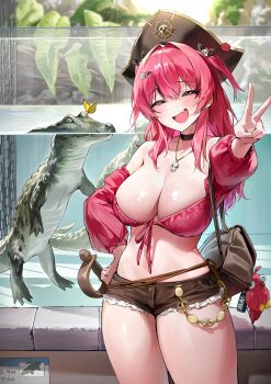 1girl absurdres alternate_costume black_corset breasts commentary_request corset crocodile crocodilian fang goddess_of_victory:_nikke hat hat_ornament highres jewelry mast_(nikke) murabana44 navel necklace pirate_hat skin_fang skull_hat_ornament skull_necklace solo