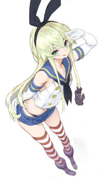 1girl :q absurdres anchor anchor_hair_ornament arm_behind_back bare_shoulders black_neckerchief black_panties blonde_hair blue_sailor_collar blush closed_mouth commentary_request elbow_gloves from_above gloves hair_ornament hairband highleg highleg_panties highres kantai_collection long_hair looking_at_viewer looking_up microskirt navel neckerchief panties ryo_(tg290) sailor_collar shimakaze_(kancolle) skirt solo standing striped_clothes striped_thighhighs thighhighs thong tongue tongue_out underwear white_gloves