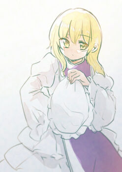 Rule 34 | 1girl, blonde hair, commentary request, cosplay, feet out of frame, frilled skirt, frills, hat, juliet sleeves, long sleeves, looking down, maribel hearn, mob cap, puffy sleeves, shukinuko, skirt, tabard, touhou, unworn hat, unworn headwear, upper body, white background, wide sleeves, yakumo yukari, yakumo yukari (cosplay), yellow eyes