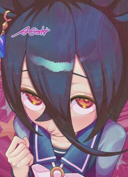 1girl a4_(a4_eishi) absurdres animal_ears artist_name black_hair blush bow bowtie closed_mouth ear_ornament ear_tag earrings hair_between_eyes hand_up highres horse_ears horse_girl jewelry long_hair_between_eyes looking_at_viewer manhattan_cafe_(umamusume) purple_sailor_collar sailor_collar school_uniform signature single_earring solo tracen_school_uniform umamusume white_bow white_bowtie yellow_eyes