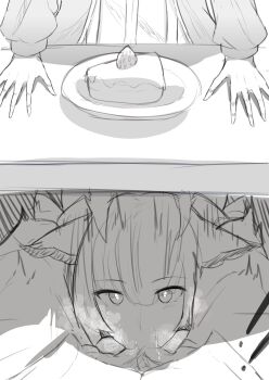 1boy 2girls animal_ears arknights blue_poison_(arknights) blush cake cake_slice deepthroat drooling fellatio food hands_on_table highres multiple_girls oral pale_skin ptilopsis_(arknights) satou_rin_(gobugabuge) steam under_table