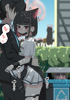 1boy 6+girls @_@ absurdres animal_ears arrow_(symbol) bilingual_commentary black_choker black_hair black_panties blue_archive blue_necktie blue_sky blunt_bangs blunt_ends blurry blurry_background blush bob_cut cat_ears cat_girl chinese_commentary choker closed_mouth clothed_sex clothes_around_waist colored_inner_animal_ears colored_inner_hair commentary_request cowboy_shot dappled_sunlight day earclip earrings embarrassed erection extra_ears from_side hair_behind_ear hair_ornament hairclip halo happy_sex heart hetero highres hug in_container in_trash_can jewelry justice_task_force_member_(blue_archive) kazusa_(band)_(blue_archive) kazusa_(blue_archive) leaf leaf_on_head lingnerpoi looking_at_another looking_at_viewer looking_down mask mask_pull miniskirt mixed-language_commentary miyu_(blue_archive) motion_lines mouth_mask multicolored_hair multiple_girls multiple_rings necktie nose_blush official_alternate_costume outdoors panties panty_pull peeking penis pink_hair pink_halo pleated_skirt precum profile public_indecency recycle_bin recycling_symbol red_eyes ring sensei_(blue_archive) sex shirt short_hair short_sleeves skirt skirt_hold sky slit_pupils sound_effects speech_bubble spoken_heart standing standing_missionary standing_sex stealth_sex straight_hair stud_earrings sunlight sweatdrop t-shirt thigh_sex trash_can twitching two-tone_hair underwear veins veiny_penis voyeurism white_shirt white_skirt wide-eyed