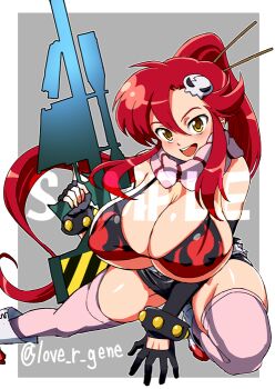 Rule 34 | anti-materiel rifle, breasts, flame print, gun, hair ornament, hair stick, kin-san (sasuraiga), large breasts, rifle, scarf, skull hair ornament, sniper rifle, tengen toppa gurren lagann, weapon, yoko littner