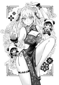 1boy 2girls ahoge alisa_mikhailovna_kujou animal_costume animal_ears animal_hood arm_above_head armpit_crease ass bare_arms bare_legs bare_shoulders blush bowl breasts bridal_gauntlets chibi china_dress chinese_clothes chopsticks cleavage cleavage_cutout closed_mouth clothing_cutout commentary_request crossed_bangs double_bun dress embarrassed evil_grin evil_smile fake_animal_ears floral_print food foot_out_of_frame gloves greyscale grin hair_between_eyes hair_bun hair_ornament hair_ribbon half-closed_eyes highres holding holding_chopsticks holding_string hood jewelry knee_up large_breasts long_hair looking_at_viewer kuze_masachika monochrome multiple_girls noodles novel_illustration official_art open_mouth outstretched_hand panda_costume panda_hood panties pelvic_curtain ramen ribbon sharp_teeth side-tie_dress side-tie_panties side_cutout side_slit sidelocks simple_background skindentation sleeveless sleeveless_dress slippers smile standing string string_panties string_pull suou_yuki sweat sweatdrop swept_bangs tassel tassel_hair_ornament teeth tenacitysaho thighlet thighs tokidoki_bosotto_roshia-go_de_dereru_tonari_no_alya-san tongue tongue_out underwear white_background