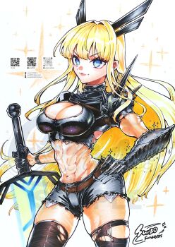 1girl abs armor black_gloves black_shorts black_thighhighs blonde_hair blue_eyes blunt_bangs breasts cleavage cleavage_cutout clothing_cutout commentary cowboy_shot cutoffs gloves hand_on_own_hip hashtag-only_commentary highres long_hair looking_at_viewer magik_(x-men) marvel midriff muscular muscular_female navel pauldrons planted planted_sword planted_weapon qr_code ringed_eyes sample_watermark shorts shoulder_armor single_pauldron skindentation solo sparkle spiked_pauldrons spikes sunao_saito sword symbol-only_commentary thighhighs torn_clothes torn_thighhighs watermark weapon white_background x-men